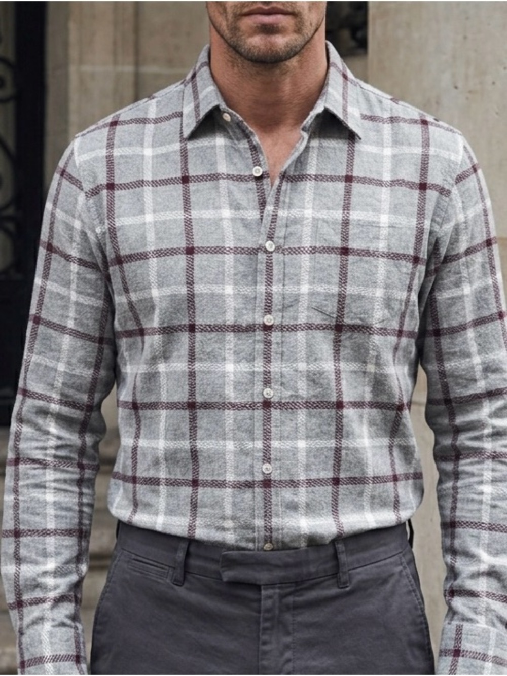 Bonobos Fireside Premium Cotton Flannel Shirt Lt Gray Burgandy White Plaid